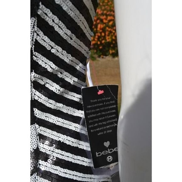 NEW Bebe Sequin Cocktail Party Mini Dress Black White Chevron XS Small LT01P - Picture 6 of 8